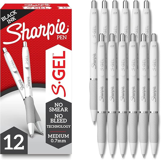 Sharpie S-Gel, Gel Pens, Drawing Pens, Gel Ink Pens For Journaling, Writing Pens, Coloring Pens, Medium Point Pens (0.7Mm), Pearl White Body, Black Ink Gel Pen, 12 Count