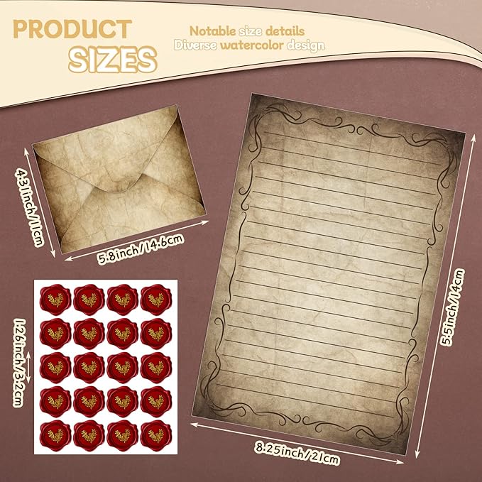TaoBary 160 Packs Stationery Paper Set (50 Double Sided Stationery Writing Papers 50 Matching Envelopes) 60 Round Dot Sticker, 10 Design(Vintage,8.5 x 11 Inch)