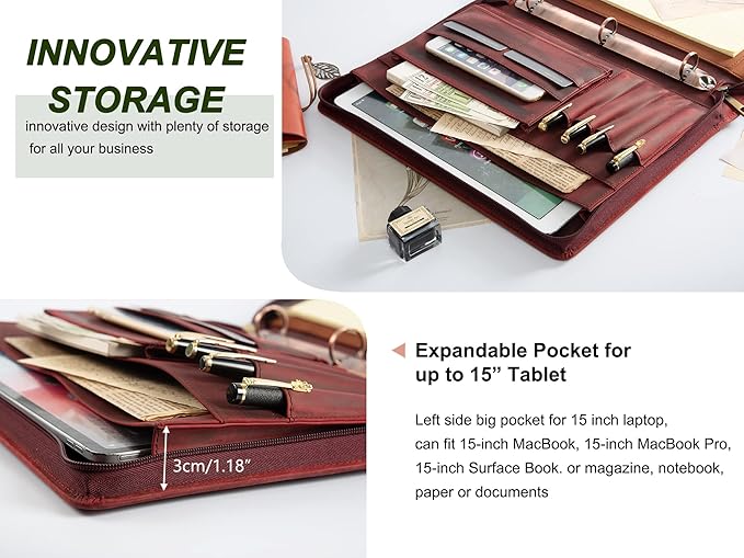 AZXCG Leather Portfolio Organizer, 3 Ring Binder Padfolio Folder, Resume Zippered Folio for A4/Letter Size Notepad, Business Binder Portfolio with Zipper for 13" Laptop, Gift for Women, Red