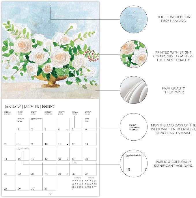 Graphique 2024 Painted Florals Wall Calendar | 12” x 12” | Thick Paper | Home & Office Organizer | Large Monthly Grid | 3 Languages & Marked Holidays | 4 Month Preview Page for 2025