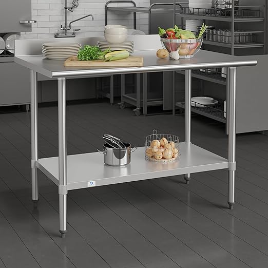 Flash Furniture Reese Commercial Stainless Steel Prep/Work Table for Back Kitchen, 430 Stainless Steel, 18 Gauge, Adjustable Shelf, 4" Backsplash, 30" x 48"
