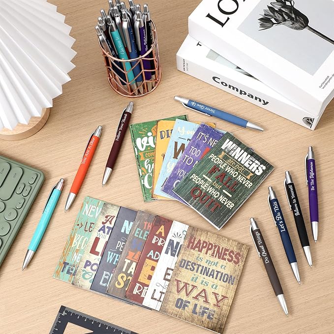 Yeaqee 72 Pcs Motivational Pens Notepads Gifts Set Inspirational Quote Ballpoint Pen Small Notebook Mini Journal Bulk Gifts for Teacher Coworker Gifts Women Office School(Motivational)