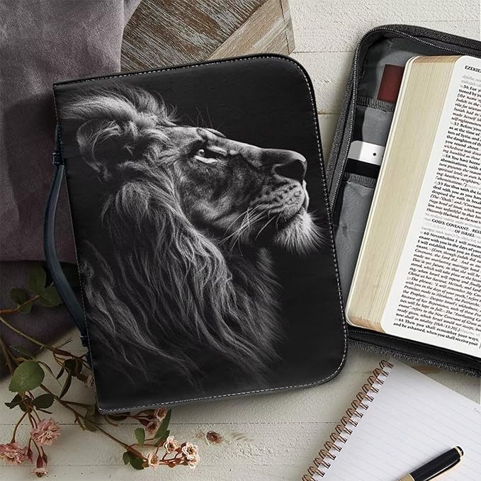 Lotusorchid Lion Print Faux Leather Bible Covers for Men, Portable Zippered Bible Carrying Case Bible Tote Bag for Women Girls, Christian Bible Study Accessories, Black, XL