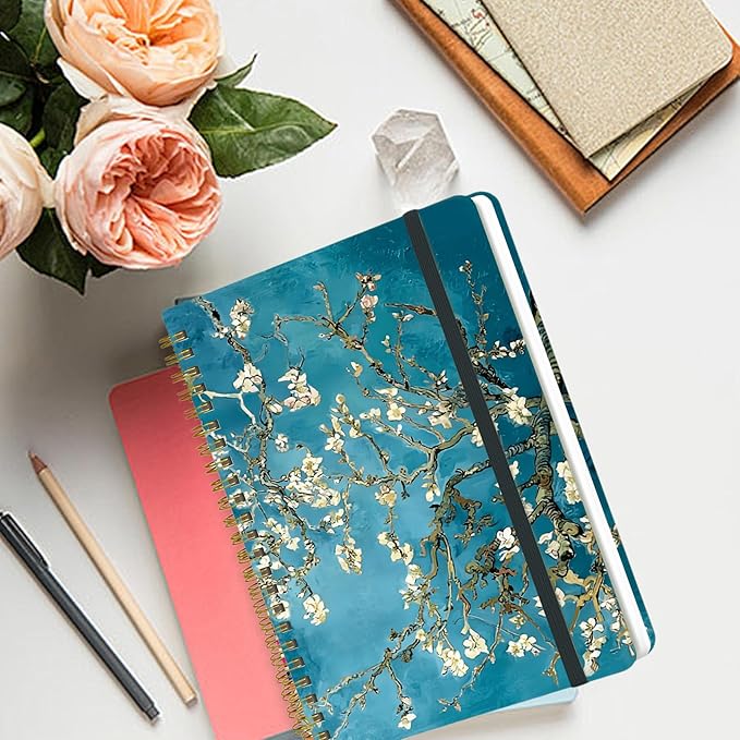 Spiral Notebook - A5 Spiral Notebooks, 8.3'' × 5.8'', 160 Pages, Aesthetic Journaling Notebooks for Women, College Lined Notebook with Elastic Closure, Back Pocket, for School Office, Plum blossom