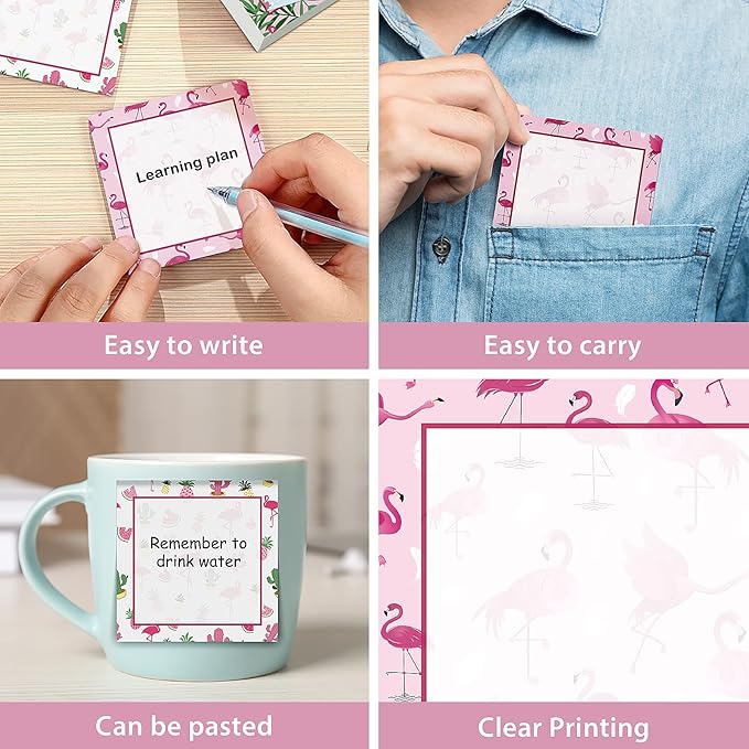 9 Pieces Summer Flamingos Sticky Notes 3x3 Inch Adhesive Summer Flamingos Memo Notes Self-Stick Note Pads for School Office Home Supplies Students Teachers Present