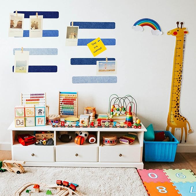 8Pcs Bulletin Board Strips, Blue Felt Pin Board Bar Strips with 50 Pushpins, Self-Adhesive Felt Cork Board Strips for Wall to Display Your Notes, Photos, Schedules, Announcements