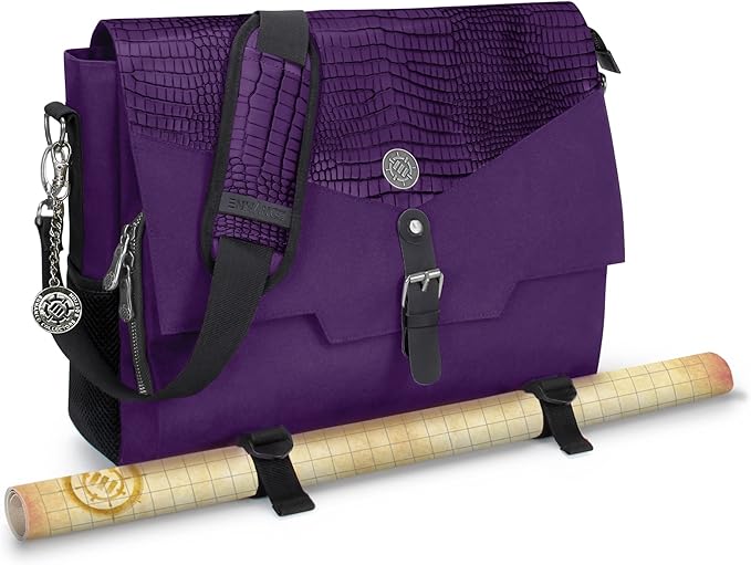ENHANCE Collector's Edition RPG Player's Essentials DnD Bag - Dragon Hide Exterior Messenger Bag Fits 2-4 Books, Binders, Dice & Accessories, with 17 inch Laptop Slot, Battlemap Straps (Dragon Purple)