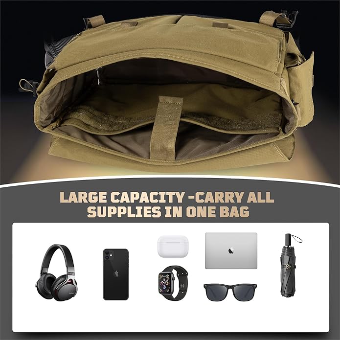 Crossbody Bag for Men and Women, Tactical Style Shoulder Bags, Laptop Messenger Bag Satchel Briefcase, for Work Travel Outdoor - Brown