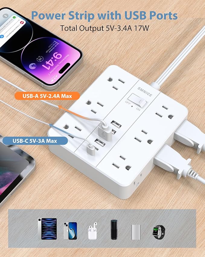 Power Strip Surge Protector 25ft Extension Cord,SMNICE Flat Plug with 12 Outlets 6 USB(2 USB C),Surge Protector Charging Station with Overload Protection for Home, Dorm,Office