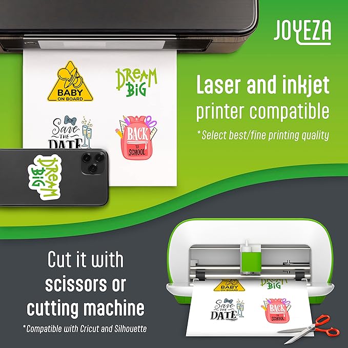 JOYEZA Premium Printable Vinyl Sticker Paper for Inkjet Printer - 80 Sheets Matte White Waterproof, Dries Quickly Vivid Colors, Holds Ink Well- Tear Resistant - Inkjet & Laser Printer