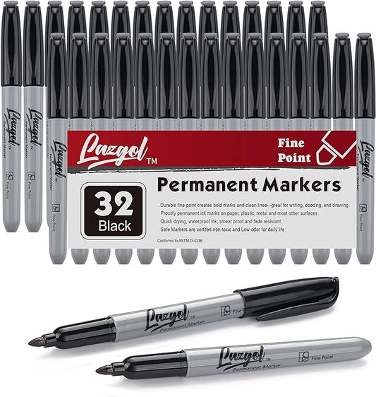 Permanent Markers Bulk, 32 Pack Black Permanent Marker Set, Fine Tip, Waterproof Markers, Premium Smear Proof Pens, Waterproof, Quick Drying, Office Supplies for School, Office, Home