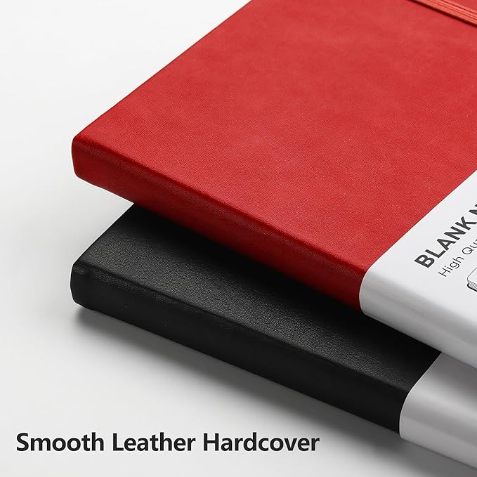 RETTACY Blank Journal Notebook, A5 Blank Journal with 192 Pages, 5.7'' × 8.3'' Medium Size, 68 LB/100 GSM Thick Paper, Leather Hardcover, for Sketching, Drawing, Painting (Red)