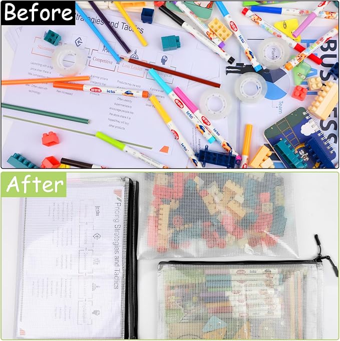 24pcs Mesh Zipper Pouches, A3 Size Waterproof Black Zipper Bags, Water-Resistant Plastic Zipper Pouch for School Office Supplies, Puzzles & Games Organizing Storage