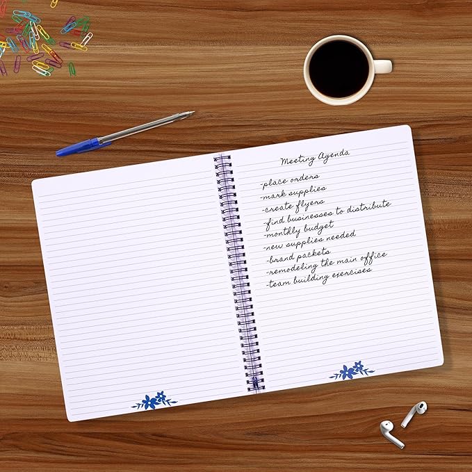 Steel Mill & Co Cute Large Spiral Notebook College Ruled, 11" x 9.5" with Durable Hardcover and 160 Lined Pages, Watercolor Floral (White)