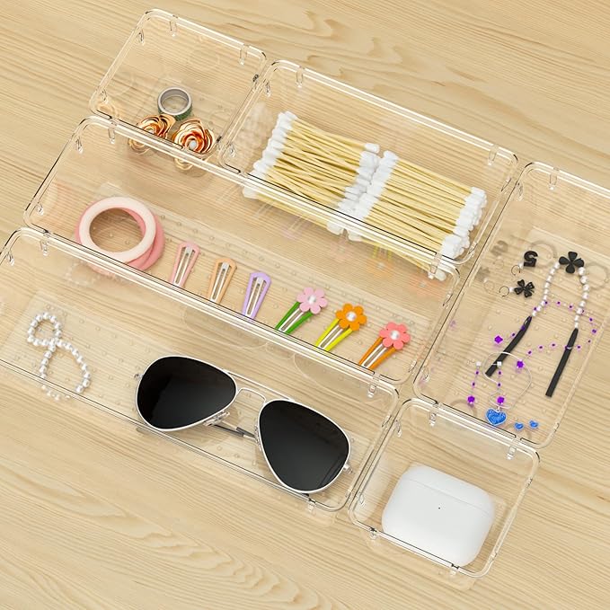 WOWBOX 12 Pack Clear Drawer Organizer Set, Acrylic Drawer Storage Trays, Storage Bins for Makeup, Cosmetics, Jewelries, Utensils, Gadgets, Office