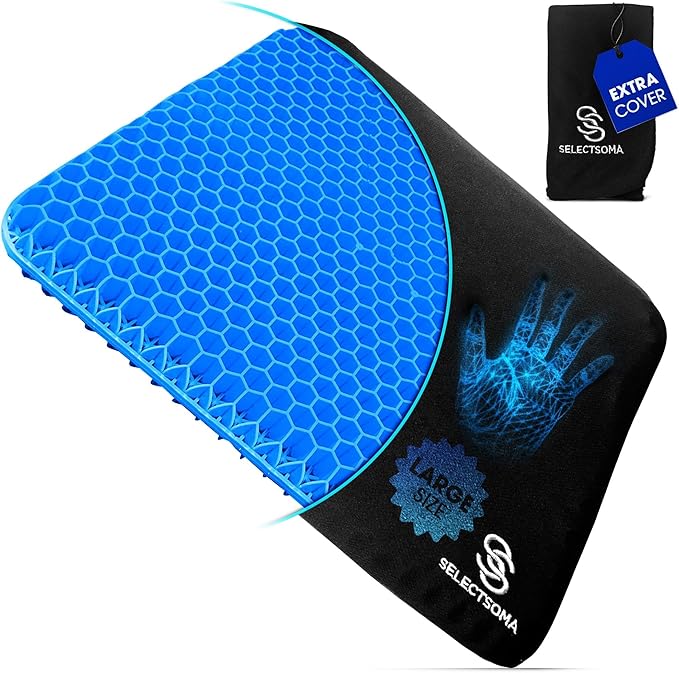SelectSoma Large Gel Seat Cushion for Desk Chair - Pressure Relief for Back, Sciatica, Coccyx, and Tailbone Pain While Long Sitting – Wheelchair Cushion - Chair Pad for Cars and Trucks