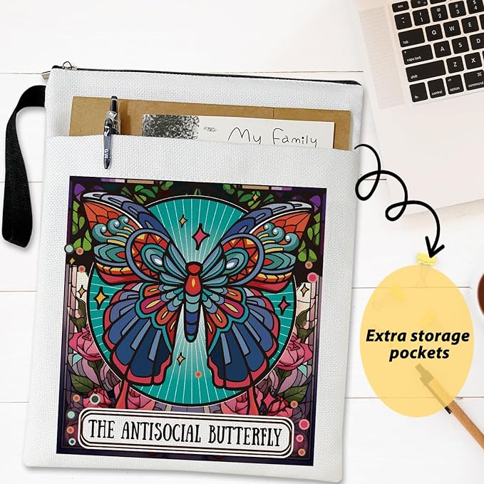 The Antisocial Butterfly - Butterfly Book Sleeve, Book Lovers Gifts Book Pouch Book Sleeve with Zipper and Front Pocket Reader Gifts Birthday Gifts for Adult Teen Teacher -08