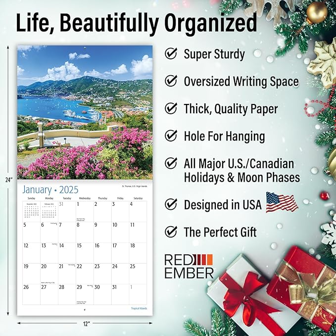 RED EMBER Untamed & Beautiful Tropical Islands 2025 Wall Calendar 12 Month | 12" x 24" Open | Thick & Sturdy Paper | Giftable | Calendar 2025