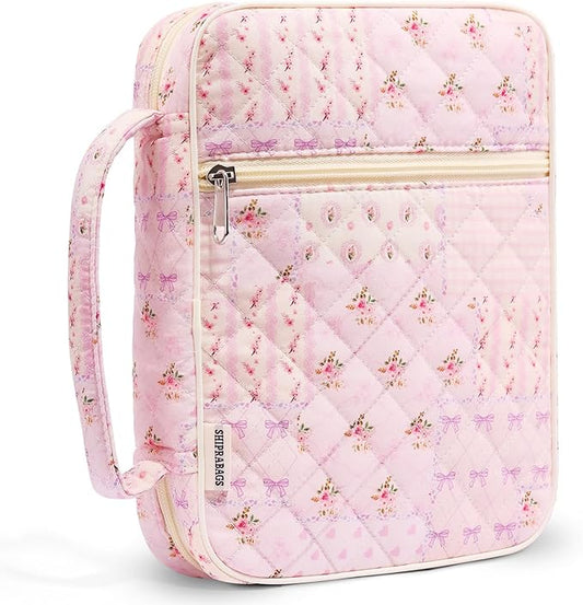 shirabags Quilted Bible Cover Case for Women - Elegant Cotton Bible Bag for Study, Church, Christian Gifts for Women (Pink pin, L)