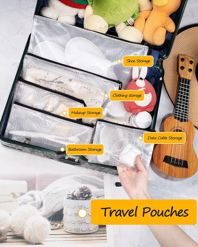 SUNEE Plastic Mesh Zipper Pouch 4x9 in (Black, 12 Packs), Small Water-Resistant Zip Bag for School Office Supplies, Pencil Organizing Storage