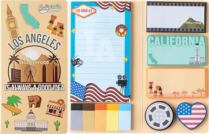 B1ykin Sticky Notes Set - Cartoon Theme Cute Self-Stick Notes Pad Teacher Appreciation Gifts， Self-Adhesive Writing Memo Pages Sticky to Do Notepad for Kids Employee School Office (Los Angeles City)