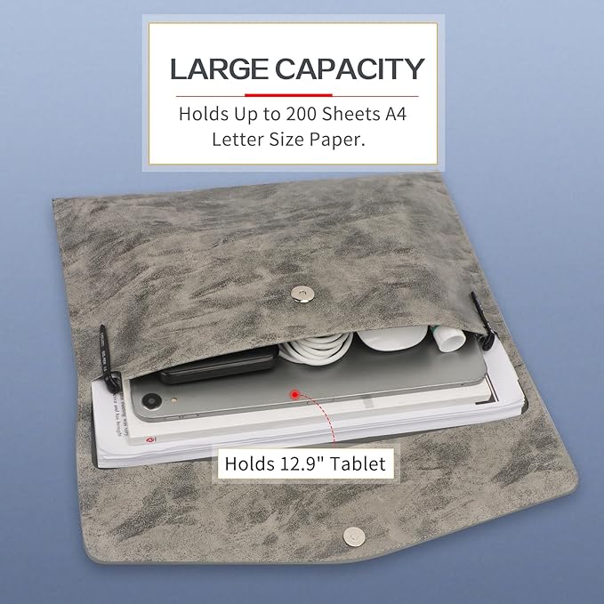 Toplive Document File Folder, Waterproof Thin PU Leather A4 Envelope Folder File Document Organizer Storage Case, Filing Envelope Folder with Magnetic Closure, Ash Gray