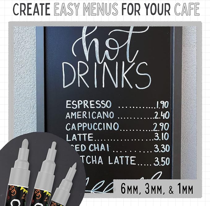 5 Silver Chalkboard Chalk Markers - Silver Dry Erase Markers for Blackboard, Chalkboard Signs, Windows, Glass | Variety Pack - Fine & Jumbo Size Ink Pen (1mm, 3mm, 6mm, 10mm, 15mm)