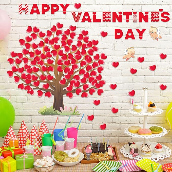 Valentine's Day Bulletin Board Decorations Valentine Tree Bulletin Board Set Heart Classroom Tree Bulletin Board Stickers Heart Bulletin Board Tree Wall Background Banner Decor (Cute Style)