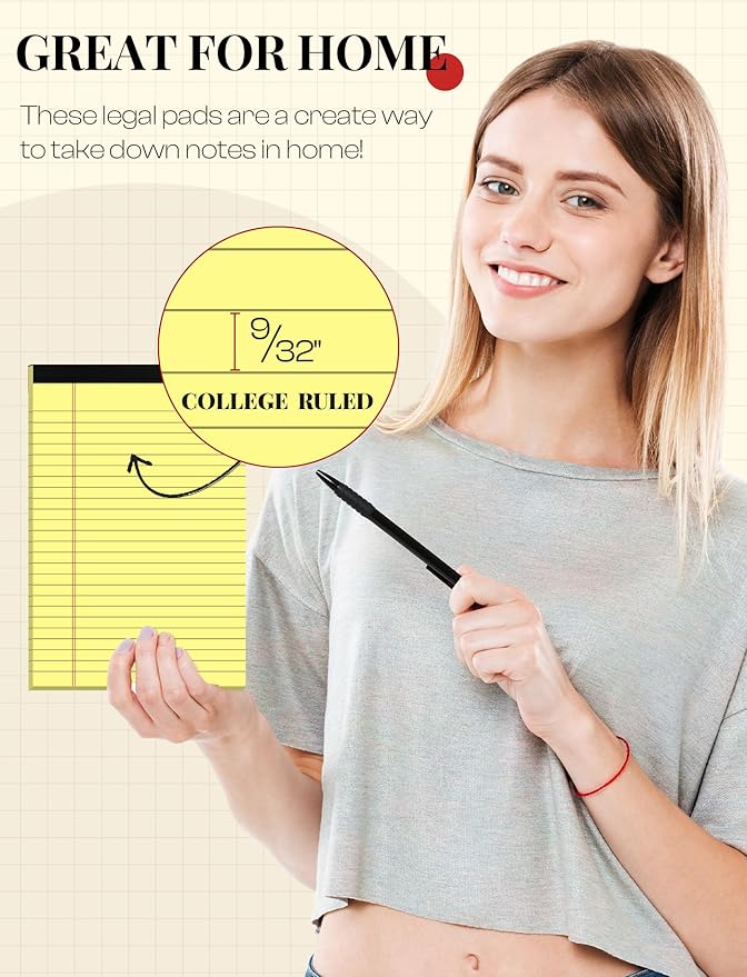 Yellow Legal Pads 5×8 Small Notepads 4 Pack Yellow Note Pads 5×8 College Ruled Perforated Writing Pads 80 GSM Lined Pads of Paper Writing Tablets 5×8 Memo Pads for Office, Home, School, 30 Sheet/ Pad