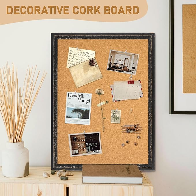 DOLLAR BOSS Cork Board for Office 24 X 18 Inches Cork Boards for Walls Bulletin Board, Decorative Hanging Pin Board Rustic Wooden Frame Vision Board Cork Notice Board for Office Home Decor, Black