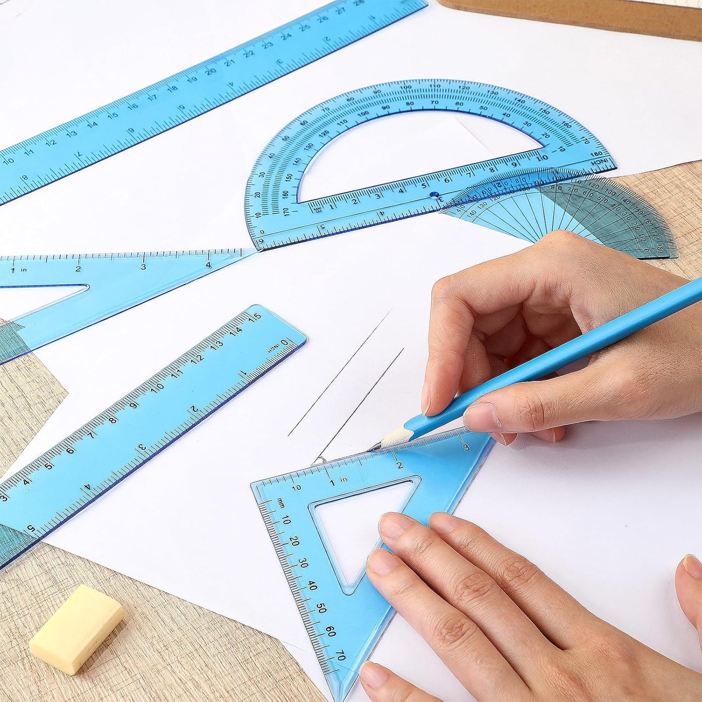 Zonon 1 Set Plastic Geometry Math Set Includes Drawing Compass, 6 Inch 4 Inch Protractor, 45/60 Degree Triangle Rulers 12 Inch 6 Inch Math Ruler Transparent for Office Supplies(Blue)