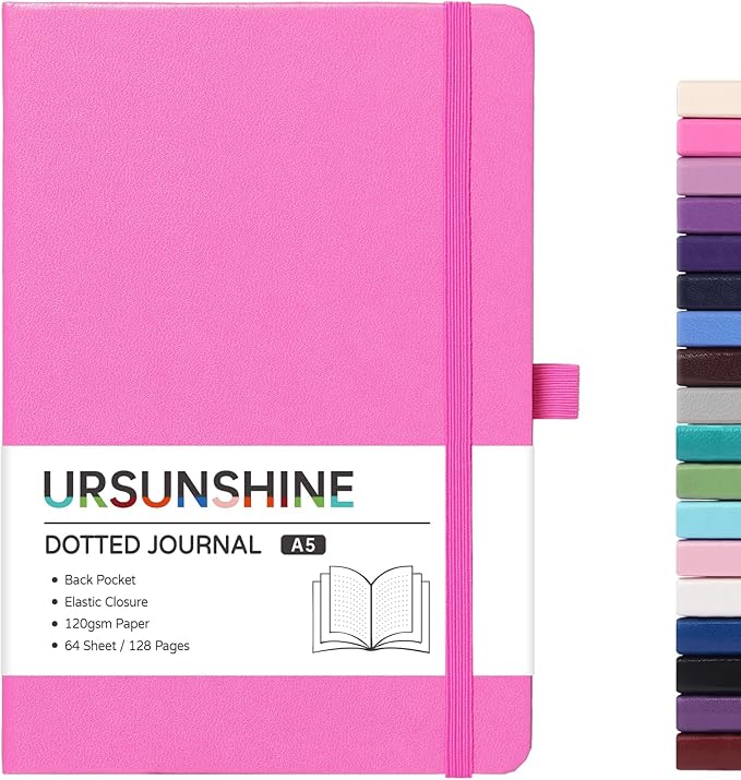 Dotted Journal/Notebook - Dot Grid Hard Cover Notebook, Premium Thick Paper with Fine Inner Pocket, Black Smooth Faux Leather, Pen Loop, 5.3'' x 8.26'' - Raspberry