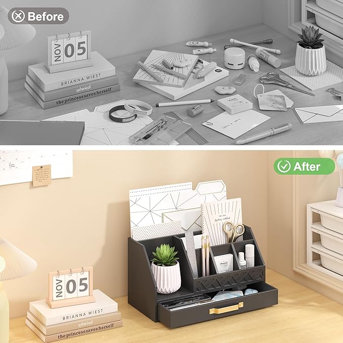 Bamboo Desk Organizer with Drawers, Mail Organizer Countertop Wood Desk Drawer Tabletop Storage Organization Pen Holder Letter Sorter Makeup Organizer for School Home Office (Black)