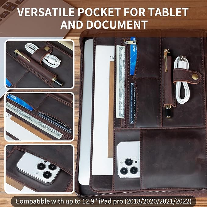 YIWEN Handmade Crazy-Horse Leather 3 Ring Binder Portfolio Padfolio Folder with Zipper for Men and Women, Business Organizer for Letter A4 Size for Meeting and Travel (Custom Engraved, Dark Brown)