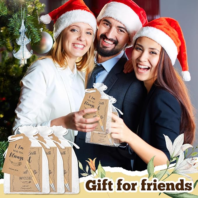 200 Pcs Bible Verse Sets Church Christian Gift Include 50 Scripture Notebooks 50 Bible Bamboo Pens 50 Thanks Tags 50 Organza Bags for Women Man Christian Party Gifts(Brown,Bible)