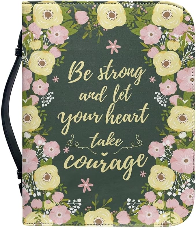 Lotusorchid Floral Bible Book Cover Case with Handle Pocket, Portable Bible Cover Case with Pen Storage, Sturdy PU Bible Tote Bag with Verse for Women Girls, Bible Accessories, Green,XL
