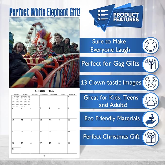 2025 Clowns in the Wild Creepy Clowns Doing Every Day Things Monthly Wall Calendar | 12" x 24" | Gag Gift Funny Calendar 2025