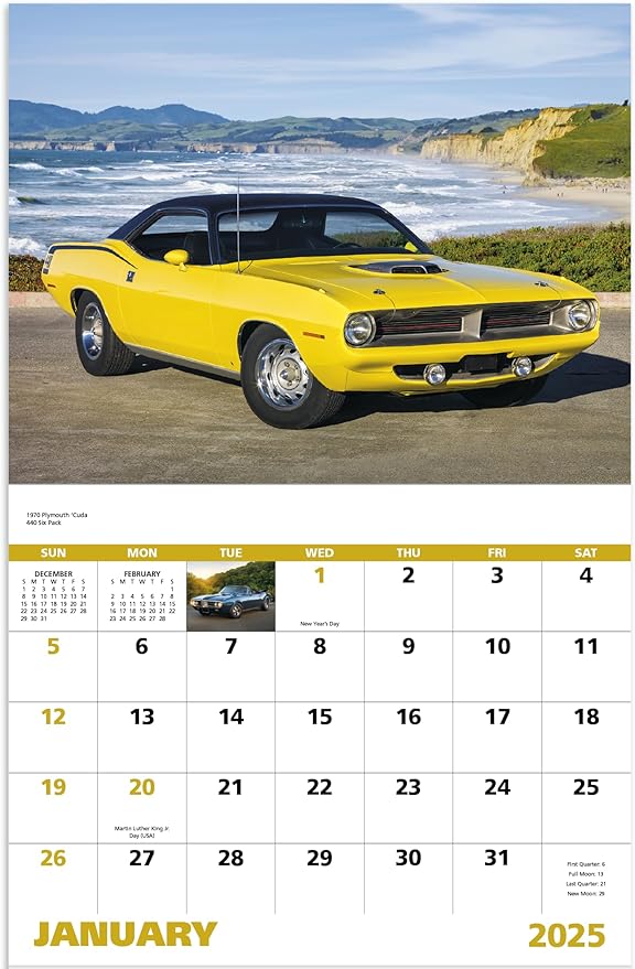 Muscle Thunder Car 2025 Hanging Wall Calendar - 19" x 11" (Open) 2025 Monthly Appointment Planner and Organizer. Muscle Cars with a ton of power with beautiful photography.