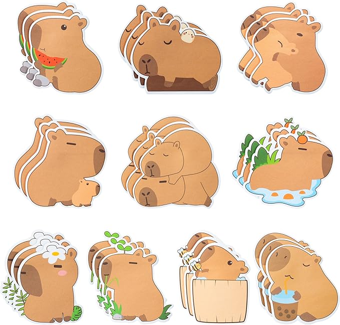30 Pack Capybara Sticky Notes - Cute Cartoon Capybara Self Sticky Notepads Writing Memo Pads Animal Page Marker for Office School Student Birthday Party Favors Goodies Bag Fillers 600 Sheets
