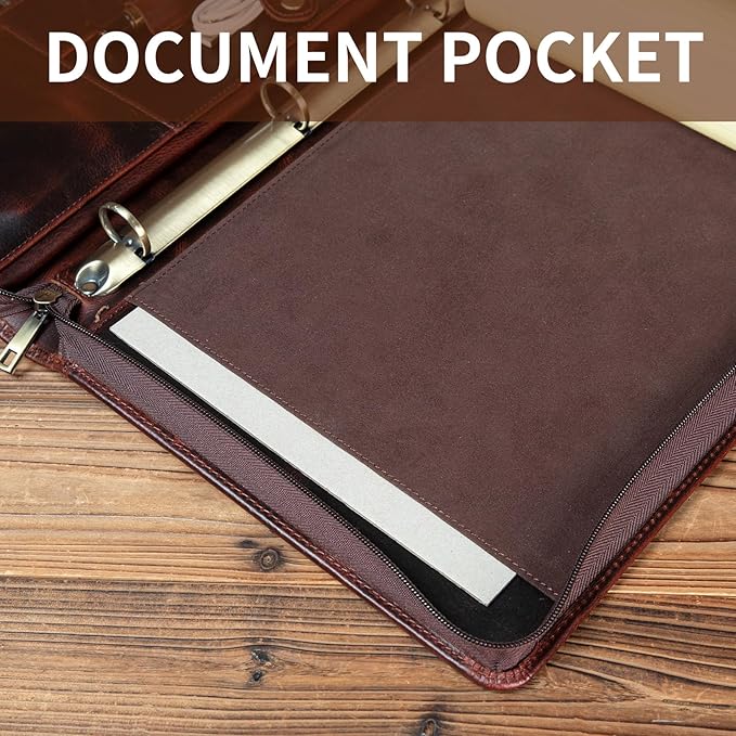 YIWEN Handmade Crazy-Horse Leather 3 Ring Binder Portfolio Padfolio Folder with Zipper for Men and Women, Business Organizer for Letter A4 Size for Meeting and Travel (Non-custom, Oil Wax-Dark Brown)