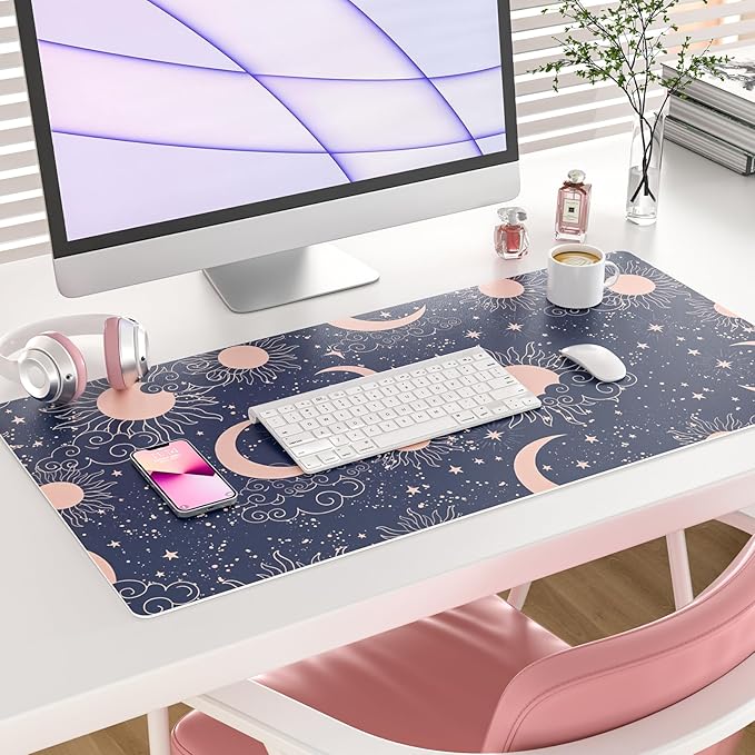 Colorful Star Starry Sky Large Desk Pad, Celestial Moon and Sun Extended Gaming Mouse Pad Non-Slip Desk Mat, Leather Blue Keyboard Mat for Desktop Gaming Accessories 31.5"x15.7"