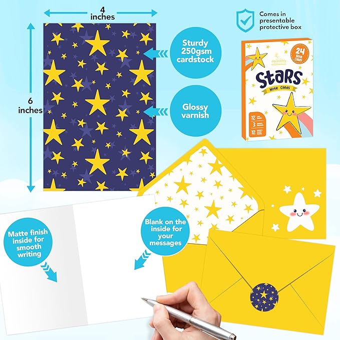 Decorably 24 Pack 4x6in Star Notecards with Envelopes and Stickers, 12 Charming Designs Star Cards, Blank Inside - Kid's Party, Birthday
