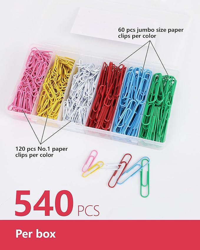 PAPERPAL Colorful Vinyl Coated Paper Clips, 540 Paperclips Per Box Jumbo & #1 Sizes Assorted Color, Office School & Personal Use, Daily DIY, Large & Medium Size (2" & 1-2/7") Paper Clip, Rainbow Pack