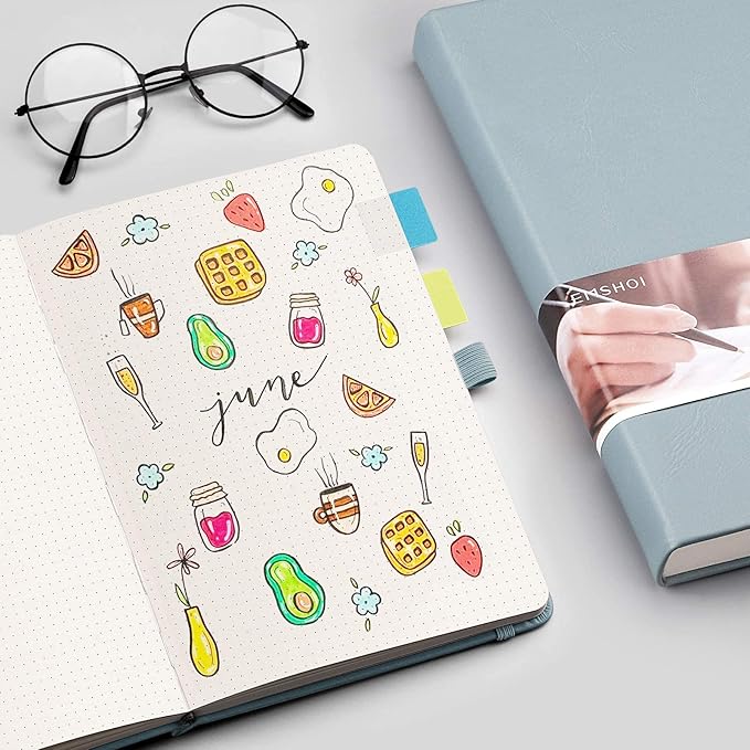 EMSHOI Dotted Notebook - 256 Pages A5 Dotted Grid Journal Notebook,120gsm Thick Paper,16 Perforated Pages, Smooth PU Leather, Inner Pocket,5.75'' × 8.38''-GrayBlue