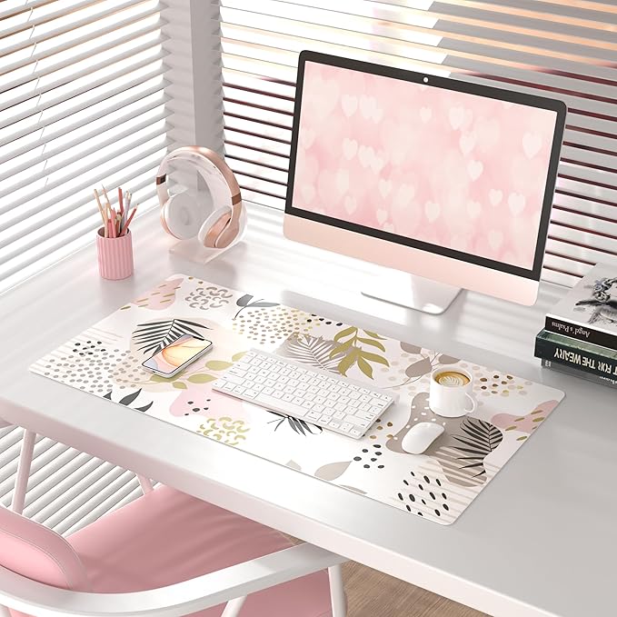 QIYI Large Mouse Pad, Exotic Pattern Desk Mat for Desktop, Women Girls Office Décor Desk Accessories, PU Leather Waterproof Gaming Mousepad, Tropical Plants Gold Desk Pad Computer Mat, 31.5" x 15.7"