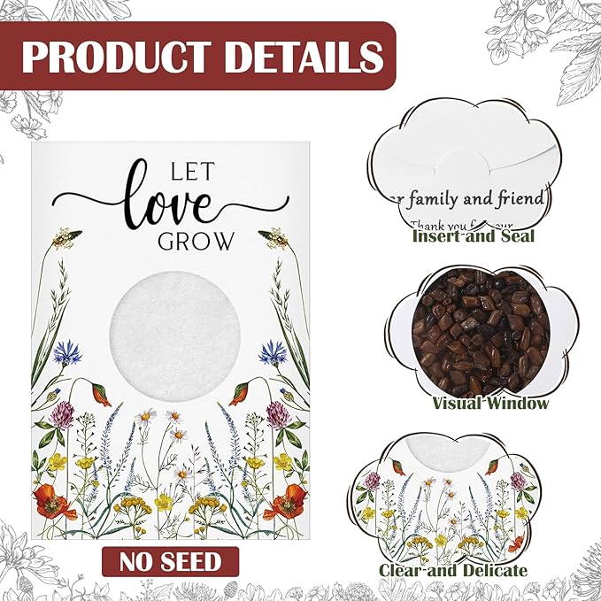 Fumete 50 Pcs Let Love Grow Seed Packets Wedding Favor for Guests Bulk Seed Envelope Kraft Bag with Window Flower Resealable Seed Storage Packets for Wedding Party Favors Bridal Shower No Seed