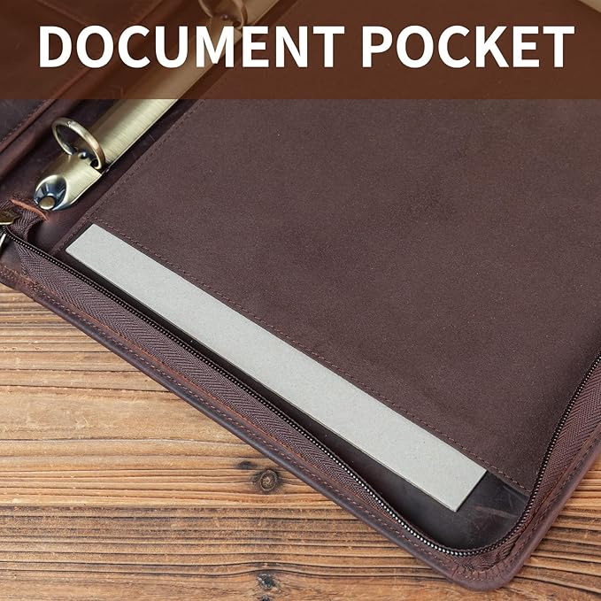 YIWEN Handmade Crazy-Horse Leather 3 Ring Binder Portfolio Padfolio Folder with Zipper for Men and Women, Business Organizer for Letter A4 Size for Meeting and Travel (Custom Engraved, Dark Brown)