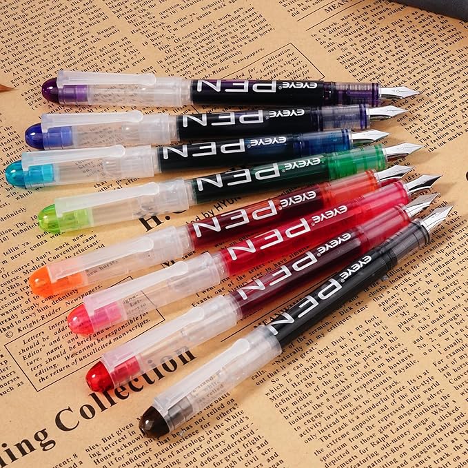 EYEYE Disposable Fountain Pens, 8 Pack Multicolor Fine Point Fountain Pens for Writing, Stainless Steel Nib, Smooth Writing for Calligraphy, Journaling, Drafting, Sketching, Doodling & Gifts