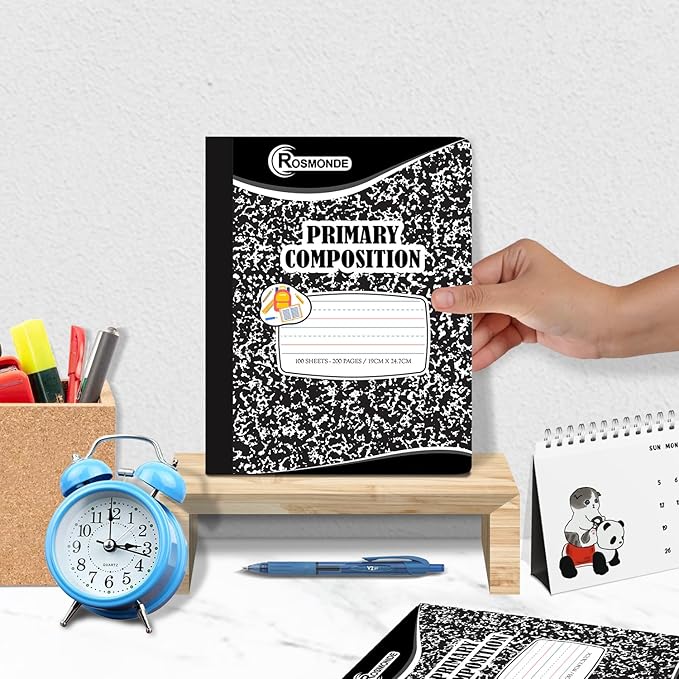 5 Pack Primary Composition Notebooks, 200 Pages (100 Sheets), Primary Ruled Composition Notebook for Kids, 9-3/4" x 7-1/2", Grades K-2 Writing Workbook, Writing Dotted Lined, Black Marble