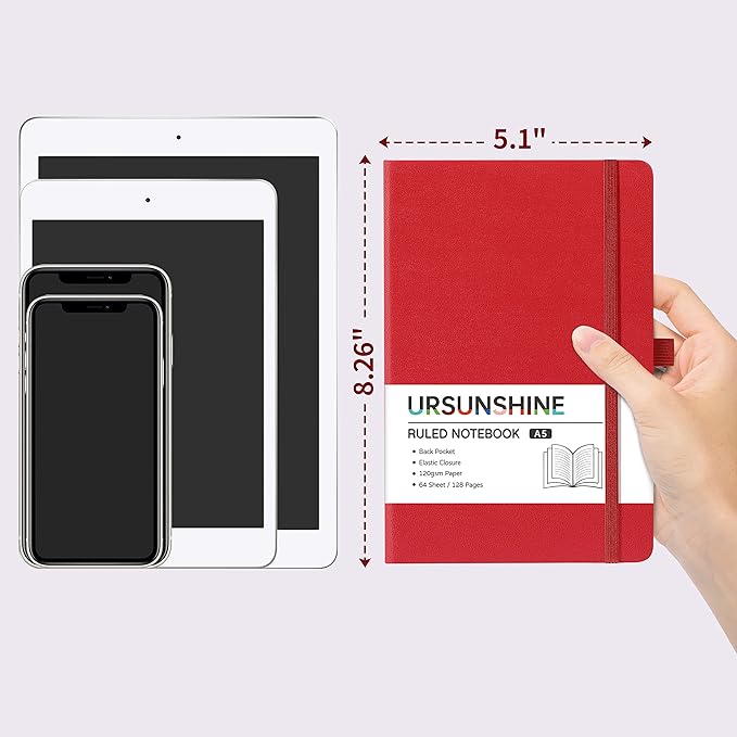 Ruled Notebook/Journal - Classic Lined Journal/Notebook, 5.3'' x 8.26'', Hardcover with Thick Paper, Banded + Pen Holder +Inner Pocket - Red